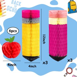 12Pcs Back to School Hanging Honeycomb, Pencil Apple Classroom Hanging Decorations, First Day of School Party Supplies Decor（Mixed）