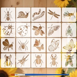 FINGERINSPIRE 20 Pcs Animal Painting Stencil with Brush 15x15cm Butterfly Dragonfly Beetle Spider Bee Ladybug Pattern Drawing Template DIY Stencil for Painting on Wood Wall Fabric Furniture