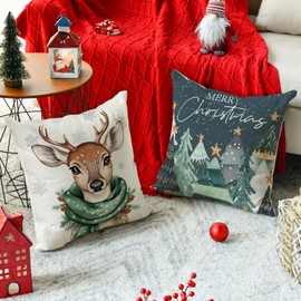 Artoid Mode Bäume Rentier Schneeflocken Frohe Weihnachten Kissenbezüge 2er Set, 40x40 cm Merry Christmas Zierkissenbezug Cushion Cover Couch Deko
