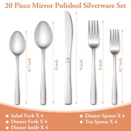 20 Pcs Silverware Set, Stainless Steel Flatware Set for 4, Food-Grade Cutlery Set, Mirror Polished Tableware Eating Utensils Set for Home Kitchen, Include Knife Fork Spoon Set, Dishwasher Safe