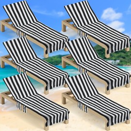SmoothNovelty 6 Pcs Pool Chair Covers 30 x 85 Inch Large Lounge Chair Cushion Covers with Top and Side Pocket Stripe Beach Chair Towels for Summer Outdoor Indoor Pool Beach Patio Furniture(Black)