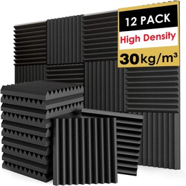 FONESO Acoustic Foam Panels, Sound Proof Foam Panels for Walls, High Desnsity Studio Soundproofing Wedges - Fire Resistant & Noise Absorbing for Studio, Office, Home (Black, 1"x12"x12" 12Pack)