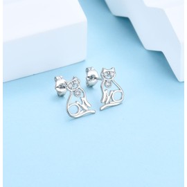 Silver Stud Earrings for Girls Women, White Gold Plated Cute Cat Studs Earrings with Cubic Zirconia Jewelry Gifts for Birthday Christmas