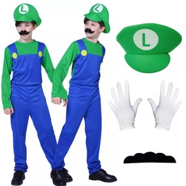Jofiesu Mario Costume for Kids 3-12, Mario and Luigi Costume Game Outfit Fancy Dress Up Jumpsuit Bodysuit Cosplay with Hat Gloves Moustaches (Green, 9-12th)