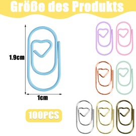 luckaide Paper Clips, Pack of 100 Paper Clips, Heart Motif, Mixed Colourful Small Metal Paper Clips, Paper Clips, Paper Clips, Gold for Postcards, Office, School with Storage Box
