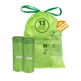 Simply Bio 13 Gallon Compostable Trash Bags Drawstring, Heavy Duty Extra Thick 1 Mil, 49.21 Liter, 60 Bags, Tall Kitchen Food Scrap Waste Bag, ASTM D6400, US BPI and OK Compost Home Certified