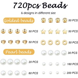 Bmeigo 720pcs Spacer Beads Bracelet Making Kit, Loose Imitation Pearls Acrylic Beads Round Flat Gold for Decorations Necklace Jewelry Crafts Gift DIY