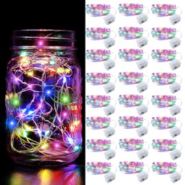 Aogist 24 Pack Fairy Lights 3 Modes 7ft 20 LED Waterproof,Battery Operated Silver Wire Firefly Starry Moon Mini String Lights for Mason Jars Christmas DIY Crafts Wedding Party Bedroom,Multicolor