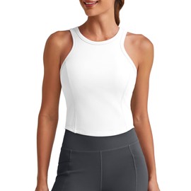 G4Free Workout Tank Tops Woman with Bras Padded High Neck Racerback Longline Sports Bras Sleeveless Crop Cami Athletic (White,L)