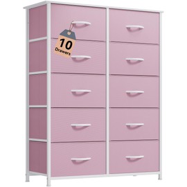 DWVO 10 Drawer Dresser - Fabric Storage Tower, Tall Chest Organizer Unit for Bedroom, Living Room, Hallway, Closets - Sturdy Steel Frame, Wooden Top & Easy Pull Fabric Bins, Pink