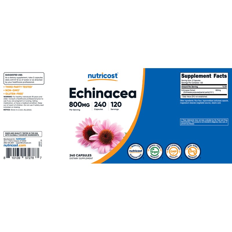 Nutricost Echinacea 800mg, 240 Capsules - Vegetarian Caps, Non GMO,