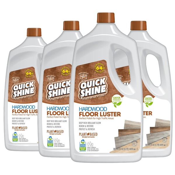 Quick Shine Hardwood Floor Luster 64oz, 4Pk | Plant-Based Cleaner & Polish w Carnauba | Simply Squirt & Spread | Don't Refinish It, Quick Shine It | Safer Choice Cleaner | Restore-Protect-Refresh