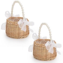 Pack of 2 Hand-Woven Flower Baskets, Flower Basket Wedding Children, Small Wicker Basket with Handle, Children, Picnic Basket with Handles and Inserts, for Wedding, Easter, Party Decoration (B)