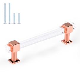 Orger 5 Pack Square Clear Acrylic Cabinet Pulls 5 inch Hole Centers, Kitchen Hardware Drawer Pulls with Rose Gold Finish Base, Cabinet Handles for Cupboard Wardrob Dresser Drawers