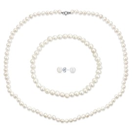 White Hand Knotted Freshwater Cultured Pearl Strand Necklace 18" Stretch Bracelet Ball Earrings 6MM 3PCS Jewelry Set For Women