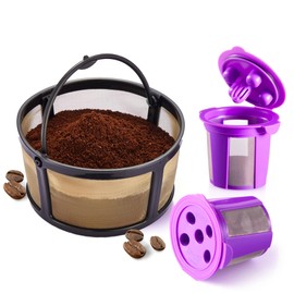 Reusable Mesh Coffee Filter Basket for Keurig K Duo Coffee Maker (Gen 2) and Keurig K-Duo Essentials, With 2 Refillable K Cups Pod by PureHQ - Gold Tone Carafe Replacement Filter - Value Pack