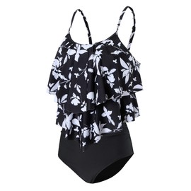 FLYILY Women Two Piece High Waisted Swimwear Tankin Sets Ruffle Ruched Bathing Suit Swimming Costume(2-BlackLeaf,XL)