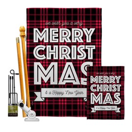 Buffalo Plaid Christmas Garden House Flags Kit Wintertime Santa Marry Xmas Present Reindeer Season Snow Small Decorative Gift Yard Banner Double-Sided Made In USA 28 X 40