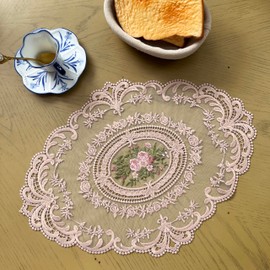 2PACK Retro French Style Lace Placemats Fashionable Embroidered Cup Mat vase mat 12”x16” (Bean Paste Powder)
