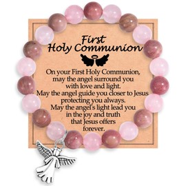 ADVIOK First Communion Bracelet Guardian Angel for Teen Girls Daughter Granddaughter Natural Red Rhodonite & Pink Crystals Confirmation Gift