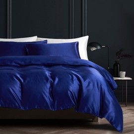 Gezu 200 x 200 cm Satin Blue Plain Duvet Cover Bedding Set Double Bed Silk Smooth Shiny Soft with 2 Pillowcases 65 x 65 cm Zip Closure