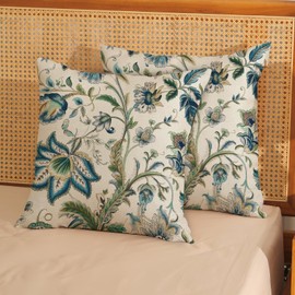 GOLIANDA Blue Green Pillow Covers 18x18 Set of 2 Sage Green Chinoiserie Floral Throw Pillows Boho Vintage Flowers Decorative Pillowcase Outdoor Chinoiserie Decor Farmhouse Cushion Case for Couch Sofa