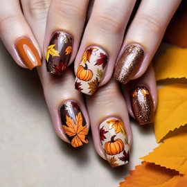 Fall Press on Nails Medium Square Fake Nails with Maple Leaf Pumpkin Designs Autumn Brown False Nail Glitter Full Cover Thanksgiving Stick on Nail for Women 24Pcs