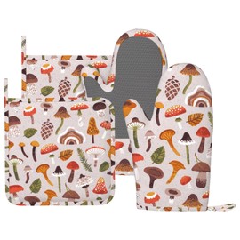 CEVIOLINRE Vintage Mushrooms Leaves Oven Mitts and Pot Holders Set Silicone Heat Resistant Mushroom Kitchen Gloves Set Retro Mushrooms Kitchen Mittens Pot Holders for BBQ Cooking Baking Grilling