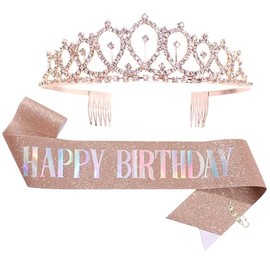 ZHBDPaty "Happy Birthday Birthday Sash and Corwn with Pearl Safety Pin Party Favors For Girl Women (RosePink, Large)