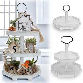 3 Tiered Tray Stand White Tier Serving Tray, Three Decorative Trays, Wooden Cupcake Stand 3 Tiered Farmhouse Tray for Home Decor(L 13.8” W 12.5” H 21.8”)