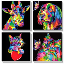 SENQAO 4 Stück Malen Nach Zahlen Erwachsene Kinder mit Rahmen, Tiere Malen Nach Zahlen ab 5 6 7 9 Jahre Mädchen, Diy Set Erwachsene Acrylfarben Ölgemälde Leinwand für Home Décor, 20x20cm