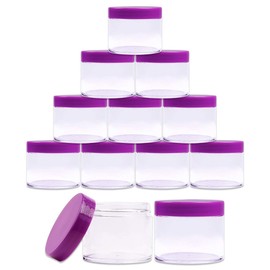 Beauticom 12 PIECES 60 Grams/60 ML (2 Oz) Leak Proof Round Acrylic Container Jars with Screw Cap Lids for Beauty Cosmetic Jewelry Charms Rhinestones (Clear Base with Purple Lids)