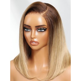 Julia Hair 12 Inch Bye-Bye Knots Glueless BOB Wig 7x5 HD Lace Closure Blonde with Brown Roots Blunt Cut Straight Bob Wigs Pre Plucked Pre Bleached Knots Ombre Highlight Side Part Lace Front Wig
