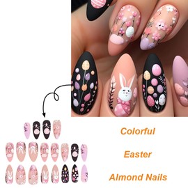 LPOODDNU Easter Day Press on Nails Almond Medium Fake Nails Cute Easter Egg Rabbit Designs Spring Nail Art Accessories Pink Small Flower Glue on Nails for Women and Girls DIY Manicure, 24Pcs