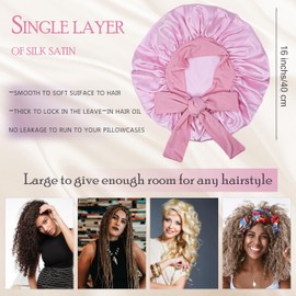 Drokenle Satin Bonnet Silk Bonnet for Sleeping Women Hair Night Sleep Cap Satin Bonnets with Tie Band Large Size Hair Cap for Thick Curly Hair Braid (Pink)