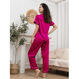 WJing Yi Jia Womens Pajamas Set XS-3XL Floral Silk Satin Pajama Sets Silky Pj Sets 2Pcs Loungewear Sleepwear Button Down Pjs Hot Pink