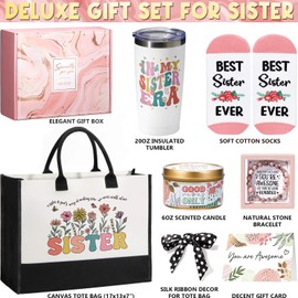 Sisters Gifts from Sister Christmas Gifts for Sister from Brother, Best Sister Birthday Gifts for Sister in Law Soul Sister, Funny Sister Gifts Unique Retro Sister Gift Basket for with Canvas Tote Bag