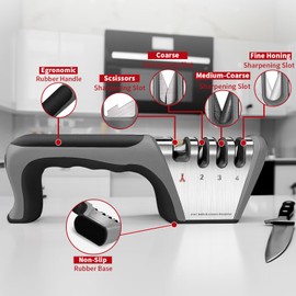 4-in-1 Knife Sharpener with 4-Stage Sharpening, Manual Kitchen Sharpener for Ceramic & Steel Knives and Scissors, Black