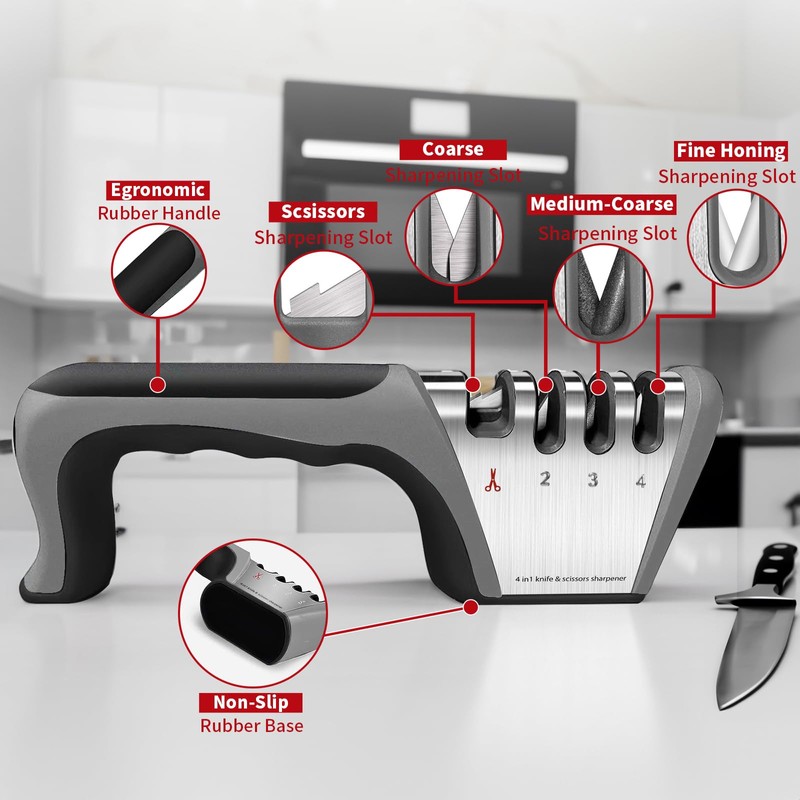 4-in-1 Knife Sharpener with 4-Stage Sharpening, Manual Kitchen Sharpener for