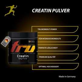 TRU Sports Nutrition | Creatin Pulver - Kreatinmonohydrat - 400g ultrafeines Pulver - Optimal hochdosiert - 100% Vegan | Herstellung & Laborprüfung in Deutschland