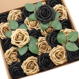 D-Seven Artificial Flowers 25pcs Gold and Black Rose with Stems for Wedding DIY Bouquets Flower Centerpieces Arrangement Birthday Party or Home Decor