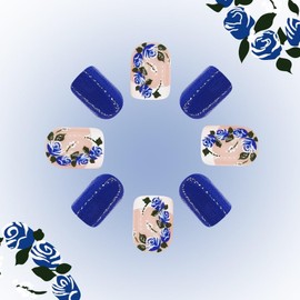 Short Press on Nails Square Fake Nails Full Cover False Nails with Blue Flower Designs Glossy False Nails with Nail Glue Nail Accessories Artificial Acrylic Nails for Women Girls 24 Pcs