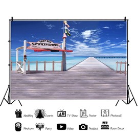 AOFOTO 8x6ft Seaside Fishing Theme Backdrop Deep Sea Sportfishing Sign Dock Background Blue Sky Ocean Wharf Wood Brige Pier Seascape Backdrop for Photography Boy Summer Vacation Photo Studio Props
