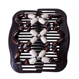 LOVEF Women Magic Hair Combs Wood Beaded Stretch Double Side Combs Clips Bun Maker Hair Accessories (Beige)