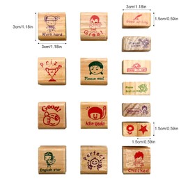 Husalsea Teacher Stamp Set, 16 Pieces Wooden Stamp Set with Motif for Kids - Ideal for Primary School and Teacher Supplies, Cute Cartoon Designs, Teacher Accessories