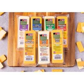 Wisconsin Cheese Company - Specialty 100% Wisconsin Cheese Block Assortment Sampler - (Pack of 7 Blocks) Cheddar, Pepper Jack, Swiss, Gouda, Salami, Smoked Cheddar & Tomato Basil | Perfect for Parties, Charcuterie Boards and Birthday Gifts | Great Birthday Gift for Cheese Lovers