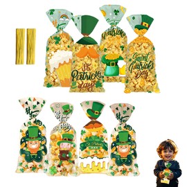 St. Patrick's Day Cellophane Treat Bags, 100 Pcs Irish Lucky Cellophane Candy Cookie Treat Goodies Gift Bags and 100 Pcs Twist Ties for Saint Patrick's Day Party Favor Supplies