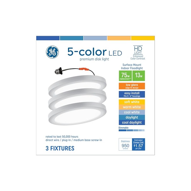 GE LED Surface Mount Indoor Floodlight, 15W, 5-Colors (3 Pack)