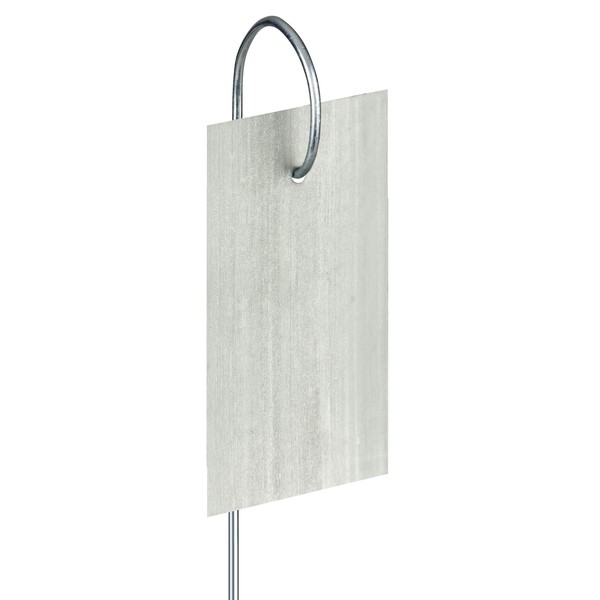 GardenMate 25-Pack weatherproof HOOK metal plant labels hanging on a metal rod, Height 10", Label Area 3'' x 1 3/8''