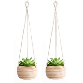 Mkono Ceramic Hanging Planter Macrame Plant Holder 5 Inch Cute Succulent Cactus Pot with Cotton Rope Hanger for Indoor Outdoor Decor, 2 Pack